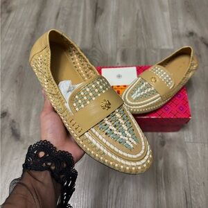 Tory Burch Tan and Green Woven Loafers